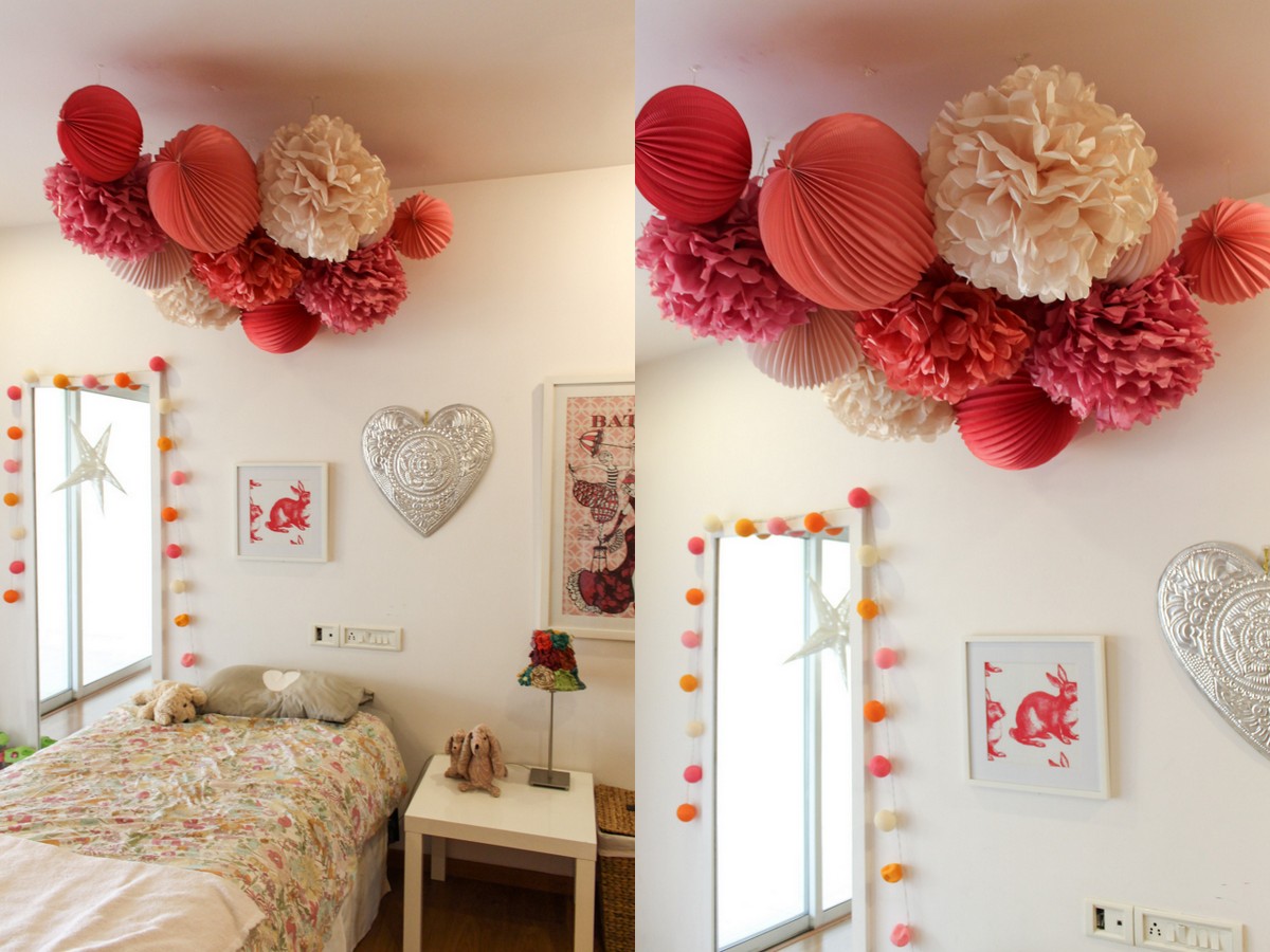 20 Best DIY Ceiling Decorations ideas  tissue pom poms, tissue paper pom  poms, chic bedroom design